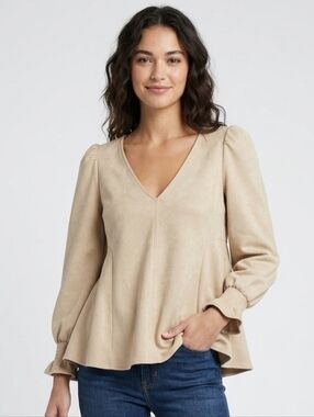 Tuckernuck Easton Faux Suede V-Neck Blouse Tan XS